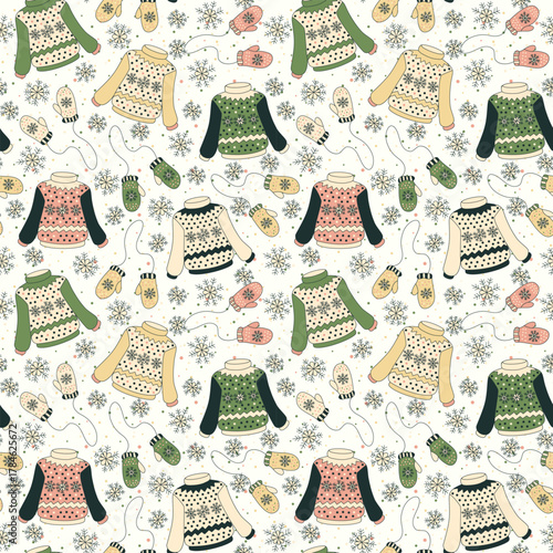 Winter seamless pattern background with knitted sweaters, mittens and snowflakes in white yellow green and pink color palette. For knitting lovers. Cozy winter vibes. Perfect for fabric, postcards.