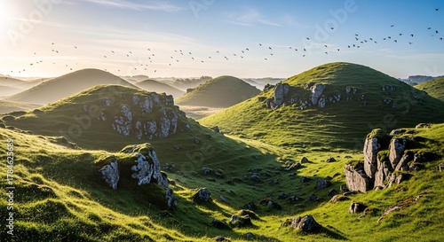 Peaceful scenic landscape of ancient rolling green hills and burial mounds basking in the warm light of a beautiful sunrise