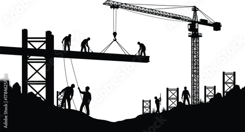 Photography Construction site silhouette, workers guiding beam, crane lifting structure, tea