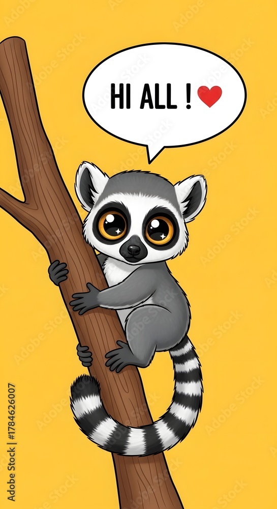 Fototapeta premium Cartoon lemur clinging to a branch saying hi all with a heart on a yellow background illustration