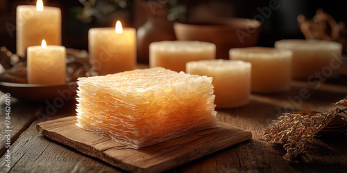 Textured materials with warm candlelight ambiance and rustic elements Generative AI