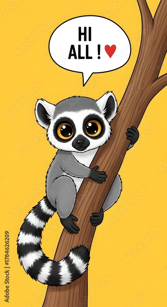 Obraz premium A cartoon lemur clinging to a tree branch with a speech bubble saying hi all with a heart icon