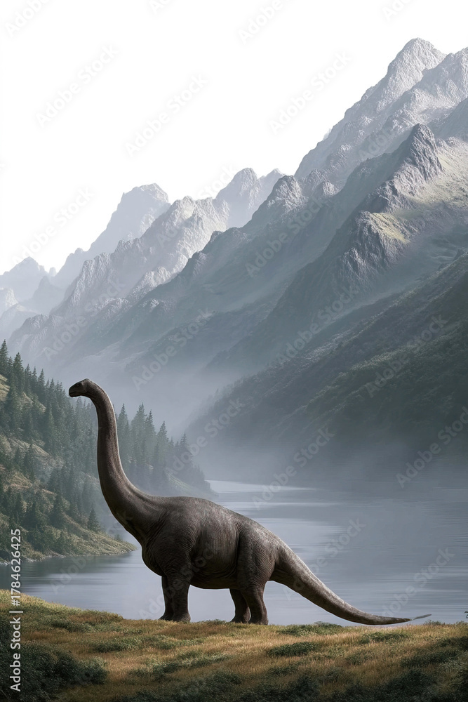 Obraz premium Jobaria dinosaur roams through misty mountains and lush forests by tranquil lakes