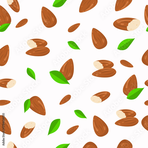 Almond seamless pattern with leaves. Healthy food element. Can be used for wallpaper, healthy food branding, fashion fabric, paper wrapping, diet and wellness brand