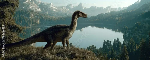 Fototapeta na wymiar Lesothosaurus explores a prehistoric landscape of lakes and mountains