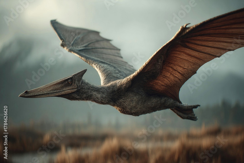 Pterodactyl soaring over lush forested mountains in a primeval landscape