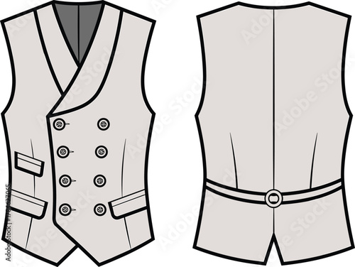 Double-breasted waistcoat technical sketch, front and back view, shawl collar design, fashion blueprint, garment illustration, tailoring, formal wear, menswear