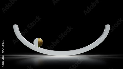 loop animation of a gold and white ceramic cylinder oscillating back and forth on a crescent-shaped ramp computer generated 3D motion graphics