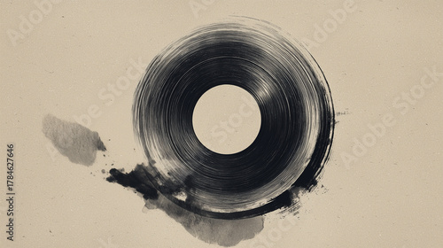Minimalist Japanese Ink Painting of Vinyl Record with Zen Enso Circle, Subtle Brush Strokes, Elegant Poster Design on Beige Background
