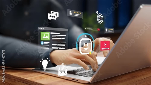 AI Automation, Business Efficiency, Workflow Optimization, Task Management, Process Automation, and Intelligent Digital Solutions. Person automating business with AI using laptop. 3D Video Animation