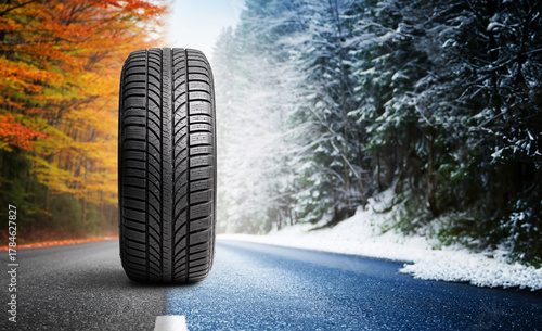 Summer tires on a road winter wheel off. Change a car seasonal tyre summer forest road with trees background. Change for winter tire. Banner Selling off. Or Background automechanic	
