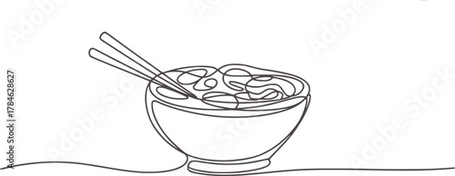 Minimalist line drawing of noodle bowl with chopsticks