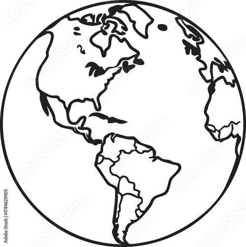 Earth globe vector illustration: black and white world map outline eps silhouette