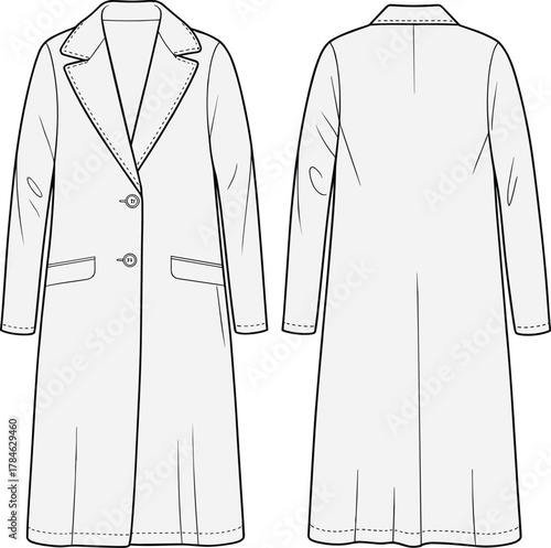 Long coat technical sketch, front and back view, notched lapel, tailored fit, fashion design, garment blueprint, apparel illustration, outerwear style