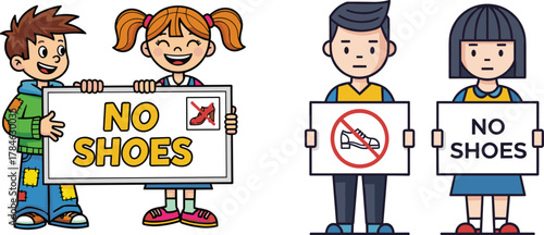Kids holding no shoes sign, footwear restriction, school rule illustration, hygiene awareness, cartoon children, safety education concept, classroom manners poster