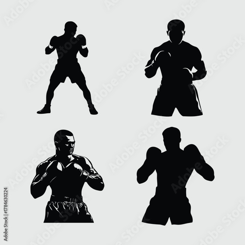 Four Silhouettes of Boxers in Different Poses, Showcasing Athleticism and Combat Stance.