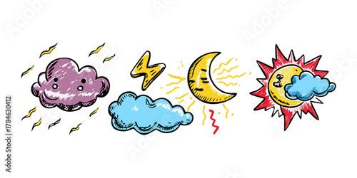 Cartoon weather icons with sun moon and clouds comic