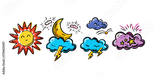 Cartoon weather icons sun moon clouds lightning stars