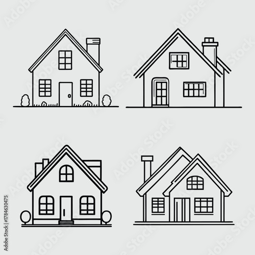 Four line art drawings of houses with varying roof and window styles.