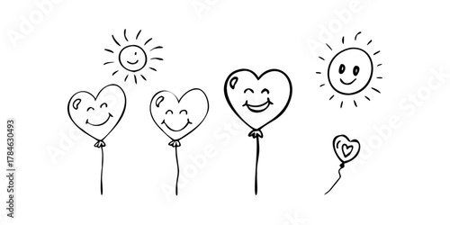 Cheerful sun hearts and balloons with smiley faces 1