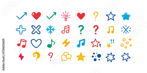 Collection of colorful hand-drawn icons on a white background