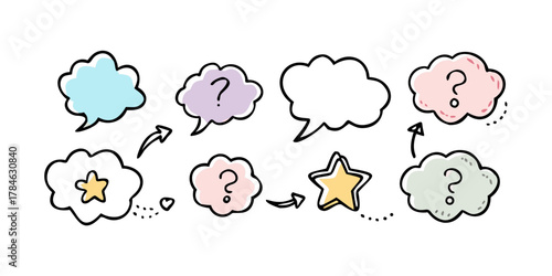 Colorful cartoon speech bubbles and stars with question marks