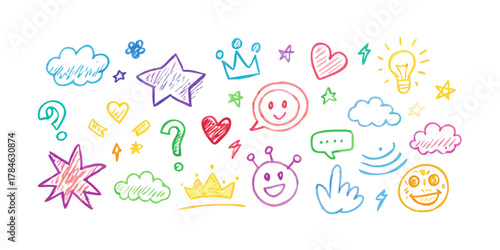 Colorful crayon doodle icons with transparent background