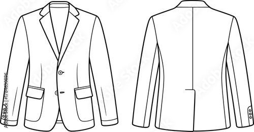 Men’s blazer technical drawing, front and back view, fashion design, tailoring sketch, garment blueprint, formal wear, clothing template, style illustration