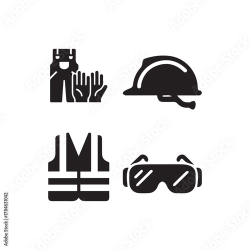 Vector Logo Ppe or personal protective equipment sign set. Workwear, protective vest, glasses and hardhat icon set.