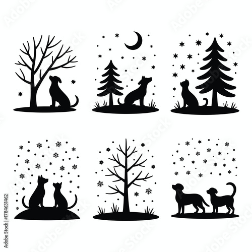 Night Christmas Scene Pet Silhouette Set 