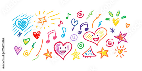 Colorful hand drawn doodle icons hearts stars music notes