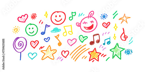 Colorful hand drawn doodle icons on white background