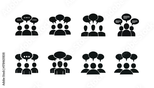 Black icons depict groups of people with speech bubbles of various designs