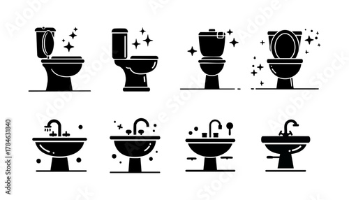 Black and white icons of bathroom fixtures, including toilets and sinks, with a clean design