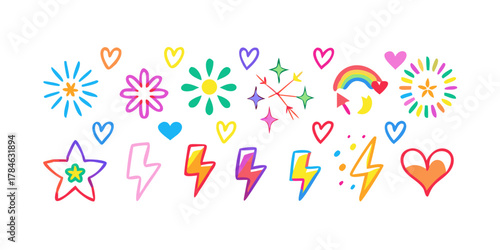 Colorful hand drawn icons hearts stars lightning bolts and flowers