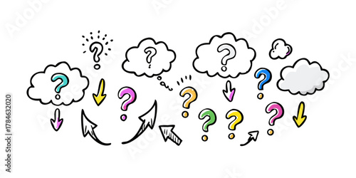 Colorful hand drawn question marks and arrows on white background