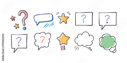 Colorful speech bubbles and question marks thought bubble