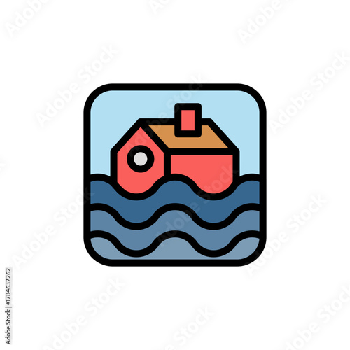 Flood Disaster and Water Overflow Impact Icon Outline Style