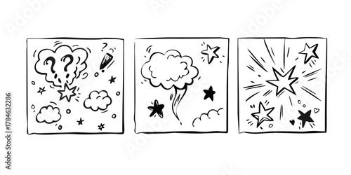 Comic Book Panels with Hand Drawn Stars and Clouds