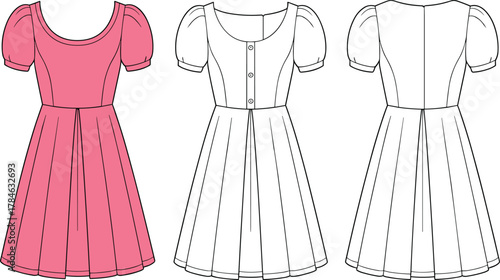 Puff sleeve dress technical sketch, front side back view, pleated skirt, fitted bodice, fashion blueprint, garment illustration, apparel design