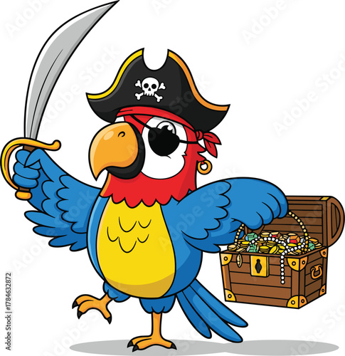 Cartoon pirate parrot with eye patch and sword standing near treasure chest, colorful vector illustration on white background