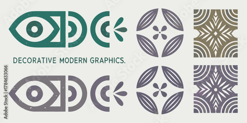 Collection of abstract decorative modern graphic symbols and patterns in muted earthy tones