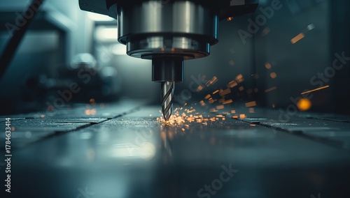 CNC Milling Machine Metal Drill Bit Industrial Workshop Cutting Manufacturing Machinery Equipment Sparks Generative AI