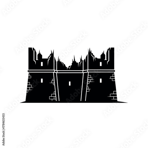 Black Silhouette of a Ruined Castle Wall.