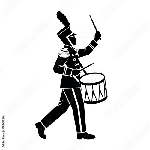 Drummer in a marching band uniform playing a drum.
