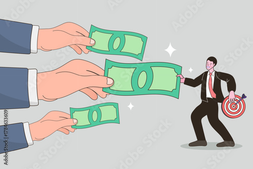 This financial success concept shows multiple hands giving money to a businessman with a target. It illustrates a profitable investment, crowdfunding, or achieving financial goals.