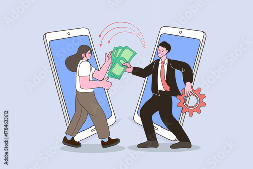 This P2P money transfer concept shows a man sending cash to a woman through their smartphones. It illustrates a digital payment or e-wallet transaction for an online service.