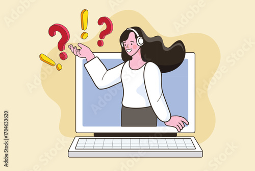 A friendly helpdesk agent with a headset offers an online solution to customer questions. This virtual assistant concept illustrates finding answers for an FAQ page.