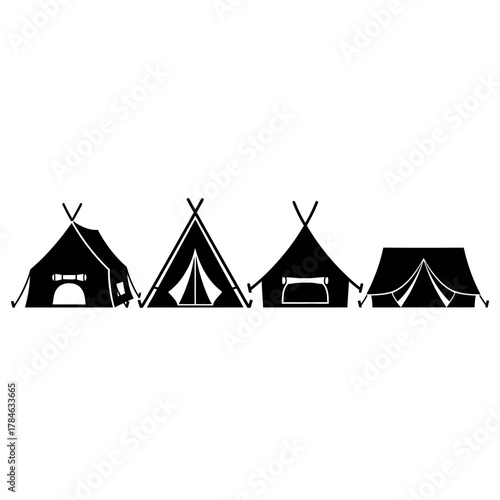 Four different styles of camping tents in a row black silhouettes on white background.