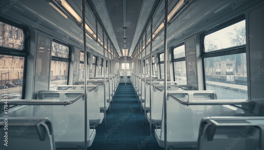 Obraz premium Subway Interior Modern Train Corridor White Seats Large Windows Recessed Lighting Dark Blue Carpet Minimalistic Clean Bright Spacious Generative AI